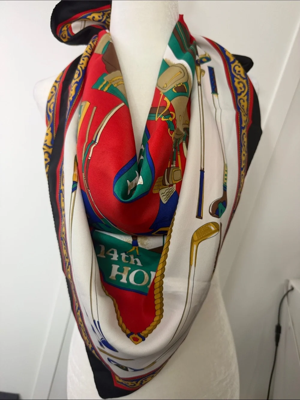 Vintage Brooks Brothers Red Golf-Themed Silk Scarf with Green, Blue & Gold